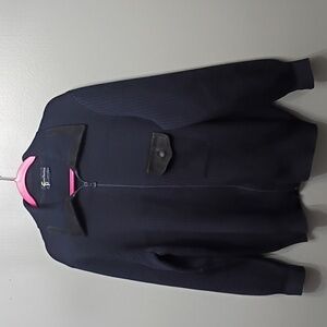 Vintage Mens Paul Fourticq Navy Wool Zip up Cardigan with Black leather trim